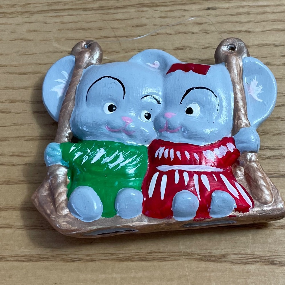 Vintage Ceramic Mouse Christmas Ornament 3.5” Handmade Mice Couple on a Swing